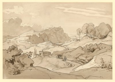 Italian landscape with rocky hills and trees, a hut and staffage figures by the path by Ernst Fries