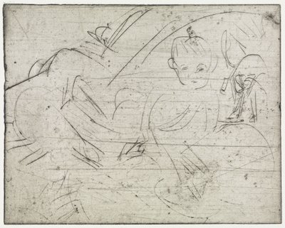 Children with Japanese Parasol / Lying Boy and Cat by Ernst Ludwig Kirchner