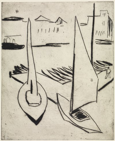 Sailboat Harbour on the Alster, Hamburg / Street with Obelisks, Dresden by Ernst Ludwig Kirchner