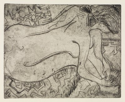 Wannsee near Potsdam with Motorboat/Naked Woman at the Pedicure by Ernst Ludwig Kirchner