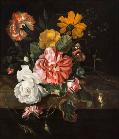 Roses with a Butterfly, Bluebottle and a Snail on a Stone Ledge by Ernst Stuven