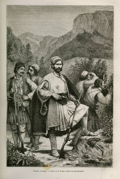 Greek brigands and shepherds, accomplices in the mountains. Drawing by E. Ronjat, to illustrate the story of Henri Belle: Journey to Greece by Etienne Antoine Eugene Ronjat