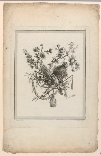 Trophy with Harvest Implements (Plate 6 from "Suite de différentes Attributs, Trophées, et Groupes de Fleurs," Suite II) by Etienne Claude Voysard