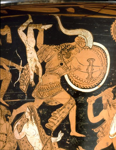 Bell crater representing the destruction of Troy: detail depicting Neoptoleme throwing Astyanax over the walls by Etruscan