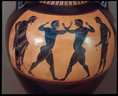 Etruscan Civilization: Terracotta amphora decorated with a scene of pugilism, detail, 550-500 BC, from the Tomb of the Warrior at Vulci, Italy by Etruscan