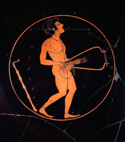 Etruscan art: Kylix black terracotta decorates the representation of a lyre player. From the tomb of the Greek vases. Necropolis of the Banditaccia. Cerveteri. 6th or 5th century BC. Rome, Museo Nazionale di Villa Giulia by Etruscan