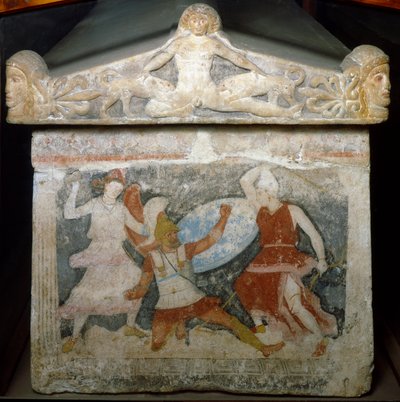 A Greek soldier is attacked by two Amazons (Amazon sarcophagus, end of the 4th century BC) by Etruscan