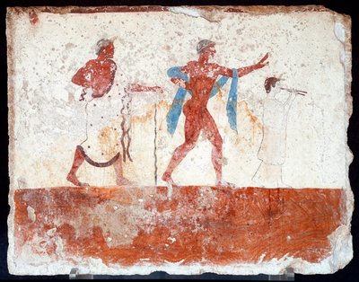 Etruscan art: a young ephebe, a musician and a master of ceremonies. Fresco of the grave of the diver. From the southern cemetery of Paestum. 480-470 BC. Museo Archeologico Nazionale, Paestum by Etruscan