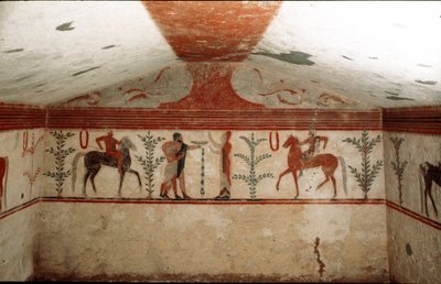 Two Horsemen, a Woman and a Bearded Man Presenting a Cup (Detail) by Etruscan