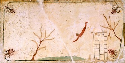 Diver, circa 480-490 BC, decorative fresco from cover slab of Tomb of Diver at Paestum, Campania, Italy, 5th Century BC by Etruscan