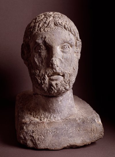 Head of Arnth Paipnas, limestone sculpture, 3rd century BC by Etruscan Etruscan