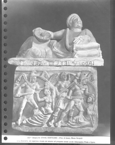 Orestes killing Clytemnestra and Pylades killing Egisthe, Cinerary Urn by Etruscan Etruscan