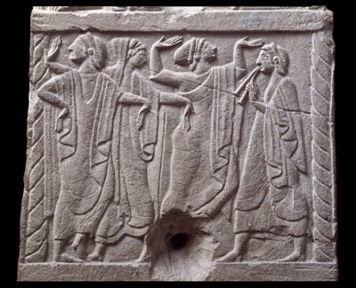 Relief with dancers from a marble milestone of Chiusi, Italy, 6th Century BC by Etruscan Etruscan