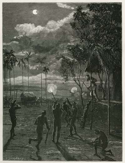 Dr. Harmand awakens in the middle of the night by the noise of the rifles of the indigenous Khas, shooting at the moon subjected to an eclipse, at Attopeu (Laos), engraving by Eugene Burnand, to illustrate the story of Laos and the wild populations of Indo by Eugene Burnand