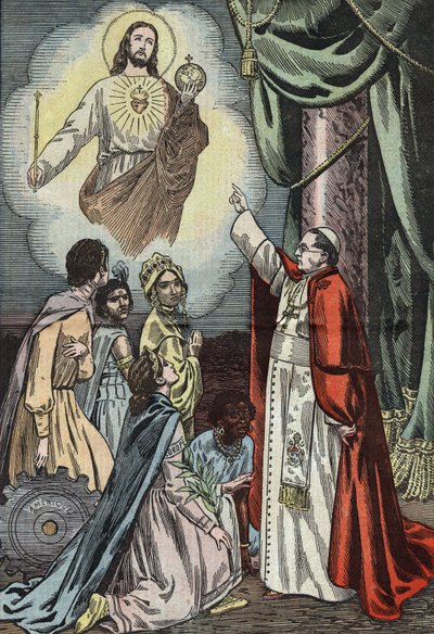 Pope Pius IX Instituting Celebration of Social Reign of Jesus Christ, Drawing by Damblans from French Paper 