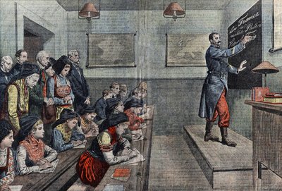 The first class in French in Alsace is reconquered. Illustration of Damblans. In “Le Pelerin” of 1914. by Eugene Damblans