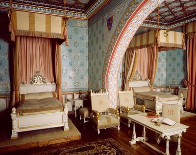 Pink room with furniture by Eugene Viollet le Duc and Edmond Clement-Louis-Marie-Duthoit, Chateau Neuf within Chateau de Roquetaillade, France by Eugene and Duthoit Edmond Viollet Le Duc