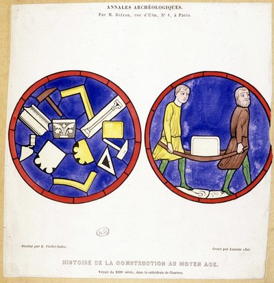 History of Construction in the Middle Ages: Facsimile of 13th Century Stained Glass Windows, in the Cathedral of Chartres - Drawn by Eugene Viollet-le-Duc (1814-1879) and Featuring Several Masonic Symbols by Eugene Emmanuel (after) Viollet le Duc