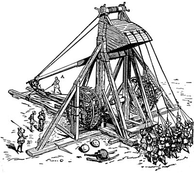 Reconstruction of a huge catapult (counterweight trebuchet type), called mangonneau by Eugene Emmanuel Viollet le Duc