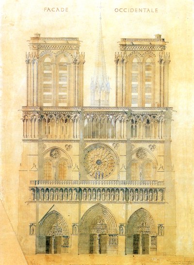 Project for restoration of west facade of Notre Dame cathedral in Paris with reconstruction of the spire at the crossing, 1843 by Eugene Emmanuel Viollet le Duc