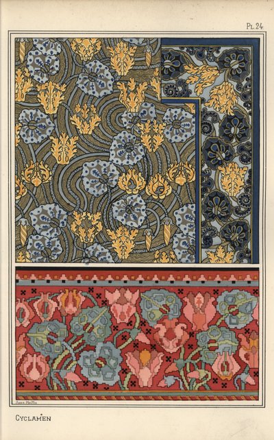 Cyclamen persicum plant as motif in designs for tapestry, fabric and wallpaper by Eugene Grasset