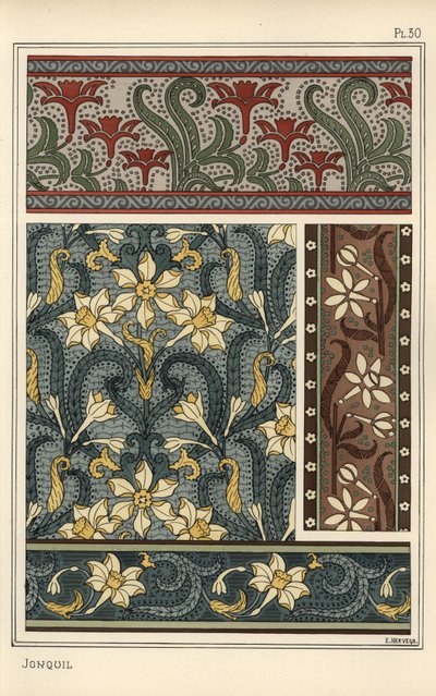 Jonquil, Narcissus jonquilla, as Design Motif in Wallpaper and Fabric Patterns by Eugene Grasset