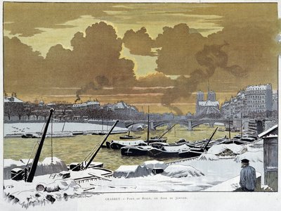 Le pont de Sully, in Paris covered snow, one evening of January 1886 - by Grasset by Eugene Grasset