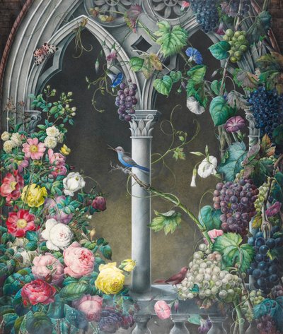 Bunches of Roses, Ipomoea and Grape-vines, Around an Arcade in a Fanciful Gothic Style, Two Birds, Species Unknown, and a Tiger Moth by Eugene Joseph Prevost