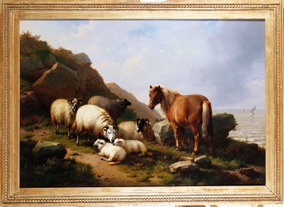 A Pony and Sheep on a Cliff with a Sailing Vessel Beyond by Eugene Joseph Verboeckhoven
