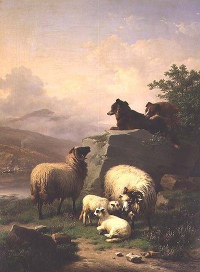 Sheep and lambs with two dogs in a river landscape by Eugene Joseph Verboeckhoven