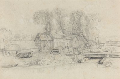 River Landscape with Buildings, Boats, and Figures by Eugene Louis Boudin