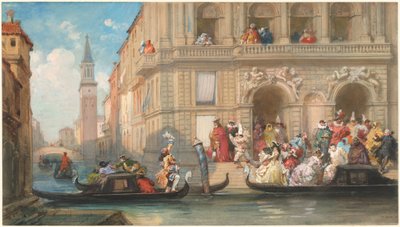 Masqueraders Boarding Gondolas before a Venetian Palazzo by Eugene Louis Lami