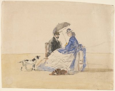 A Couple Seated on the Beach with Two Dogs by Eugène Boudin