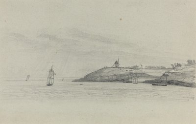 Coastal Landscape with Shipping; Windmill in Distance by Eugène Boudin