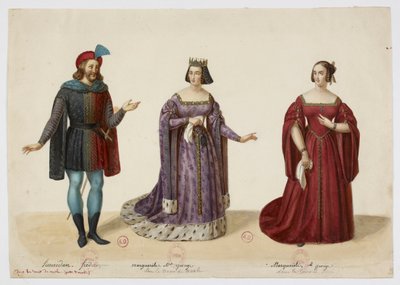 Costumes - Frederic Lemaitre as Buridan, Mlle George as Marguerite de Bourgogne (La Tour de Nesle, September 1832) by Eugène Du Faget