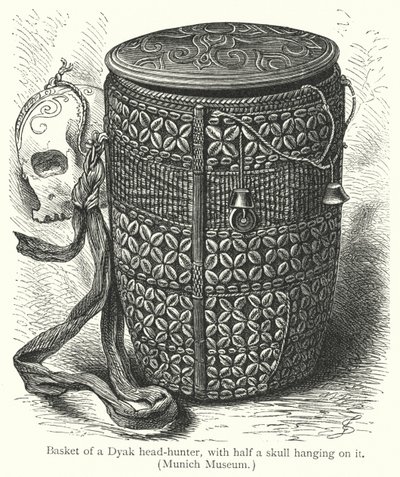 Basket of a Dyak head-hunter, with half a skull hanging on it by European School