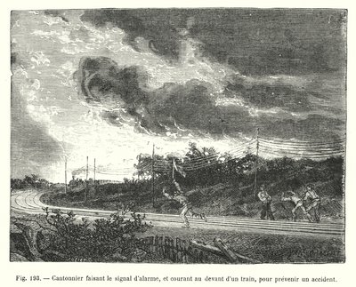 Road Worker Giving Alarm Signal and Running Ahead of a Train to Prevent an Accident (engraving) by European School