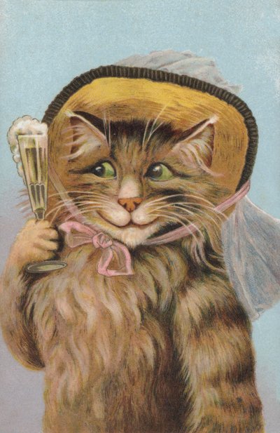 Cat Wearing a Hat and Holding a Glass of Champagne by European School