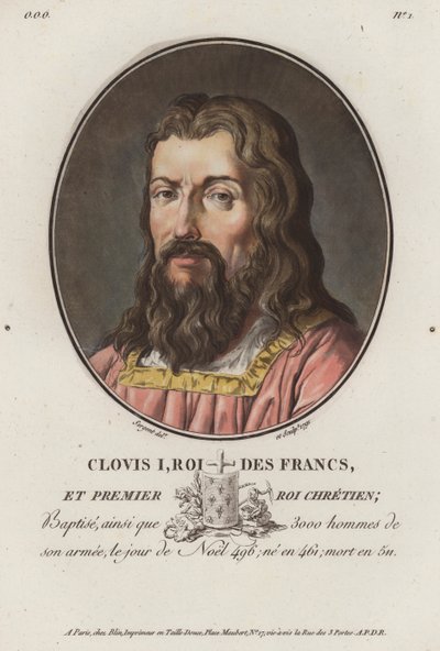 Clovis I, King of the Franks (coloured engraving) by European School