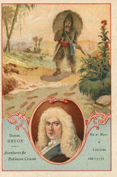 Daniel Defoe, English Novelist, and a Scene from Robinson Crusoe by European School