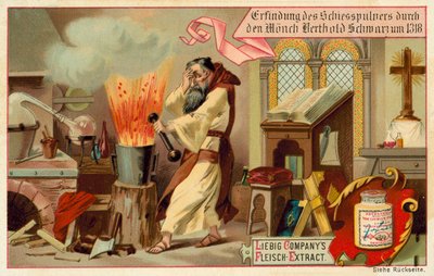 Discovery of gunpowder by the monk Berthold Schwarz by European School