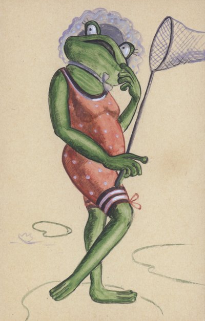 Frog wearing a bathing costume and holding a fishing net by European School