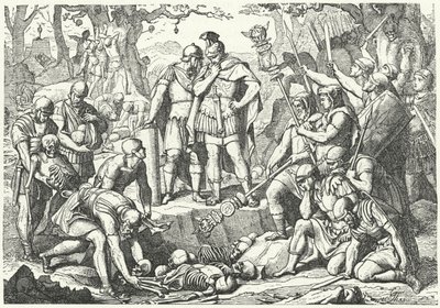 Germanicus burying the bones of soldiers of the three Roman legions commanded by Publius Quinctilius Varus destroyed by the Germans at the Battle of Teutoburg Forest in 9 BC by European School