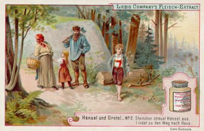 Hansel and Gretel: Hansel leaving a trail of pebbles to find the way home by European School