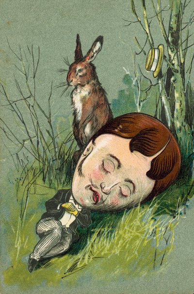 Hare Sitting Next to a Sleeping Man in the Countryside by European School