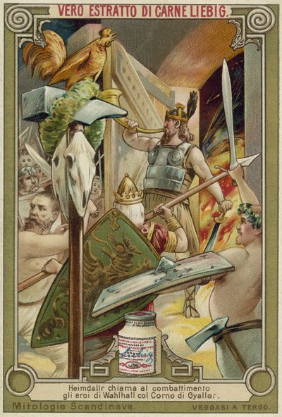 Heimdallr blowing the Gjallar horn to summon the gods of Valhalla to combat by European School