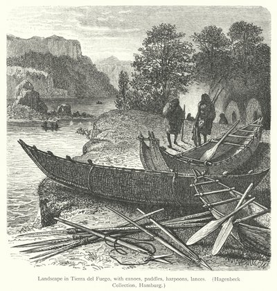 Landscape in Tierra del Fuego, with canoes, paddles, harpoons, lances by European School