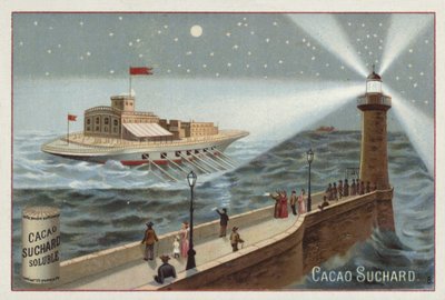 Large ship powered by oars illuminated by a lighthouse by European School