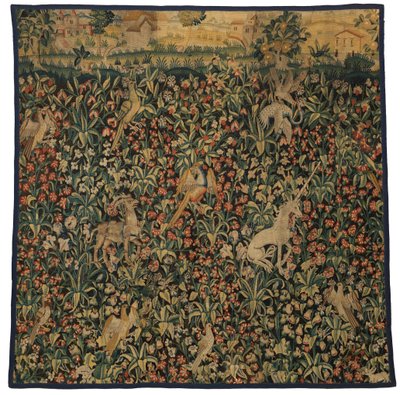 Mille fleurs tapestry fragment depicting animals, birds and landscape by European School