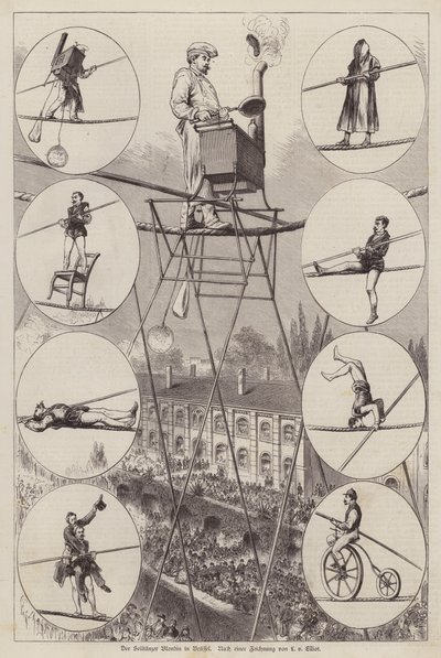 Performance by French tightrope walker and acrobat Charles Blondin in Brussels by European School